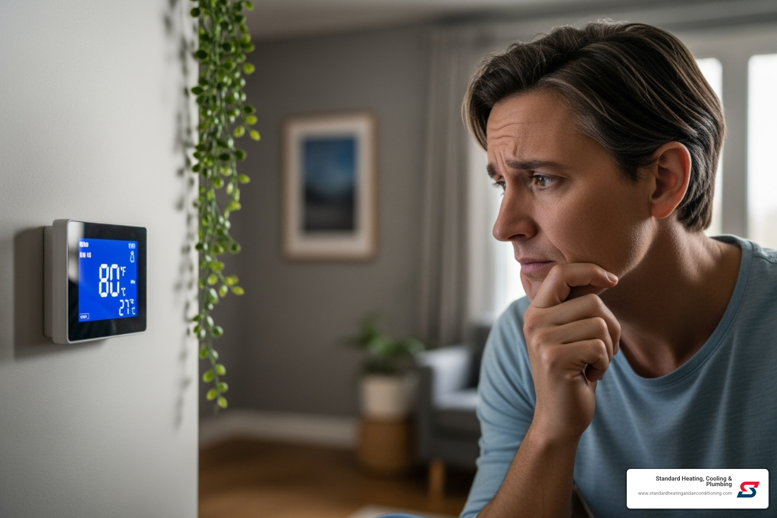 A homeowner looking concerned at their thermostat - heat pump repair alabaster al