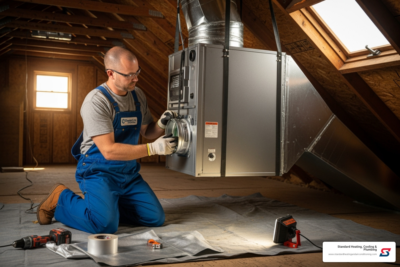 A certified technician carefully installing an indoor air handler - AC replacement services