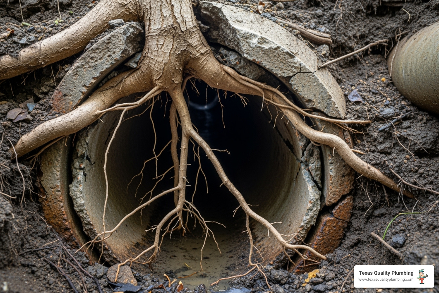 cracked sewer pipe with tree root intrusion - sewer line cleaning services