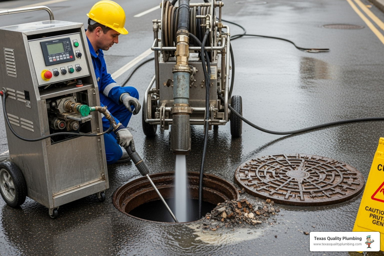 plumber operating a hydro-jetting machine - sewer line cleaning services