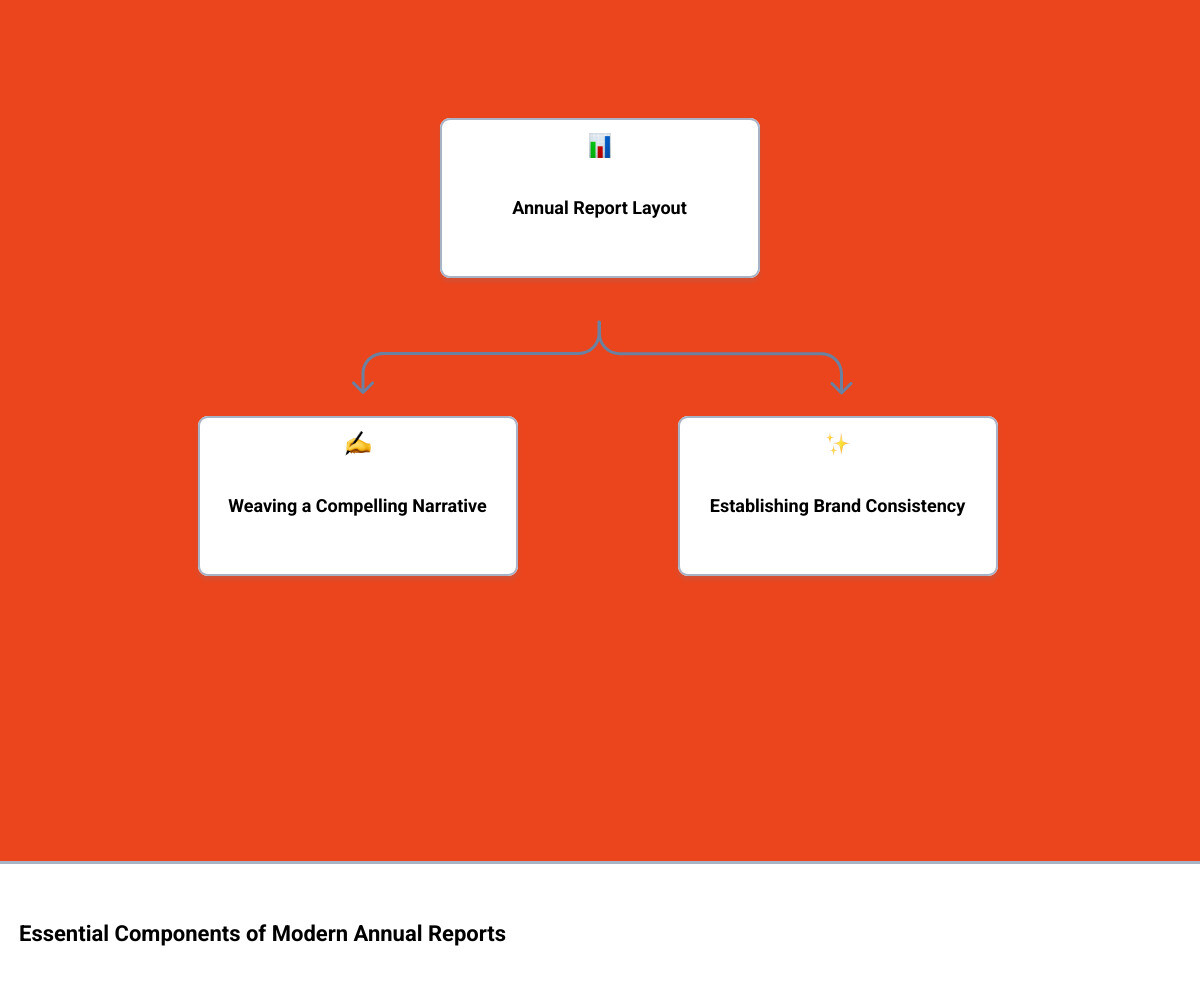 Infographic showing the essential components of modern annual report layout including cover design with compelling visuals, structured content sections with chairman's letter and business profile, strategic visual hierarchy using typography and white space, engaging data visualization through charts and infographics, and consistent brand elements throughout - Annual report layout infographic hierarchy