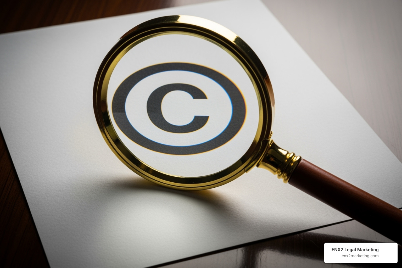 Magnifying glass over a copyright symbol. - free law logo