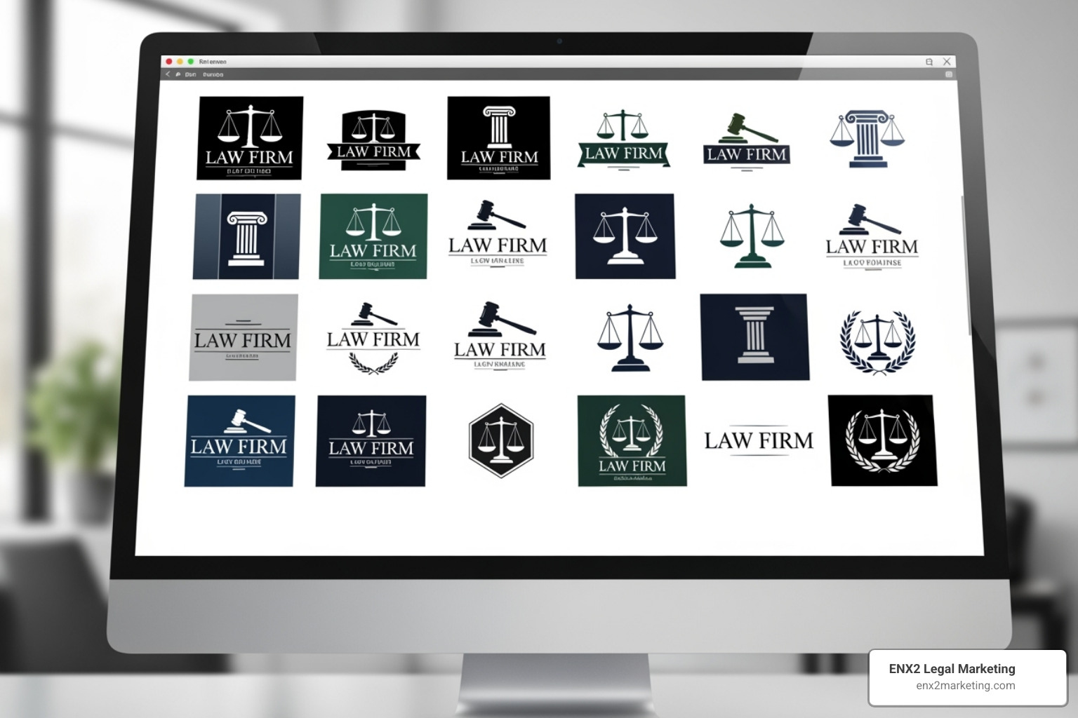 Computer screen displaying a gallery of law logo templates. - free law logo