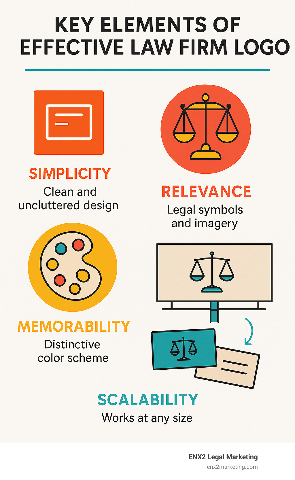 Infographic showing the key elements of effective law firm logos: simplicity with clean design lines, relevance through legal symbols like scales and gavels, memorability via unique color schemes, and scalability across business cards to billboards - free law logo infographic 