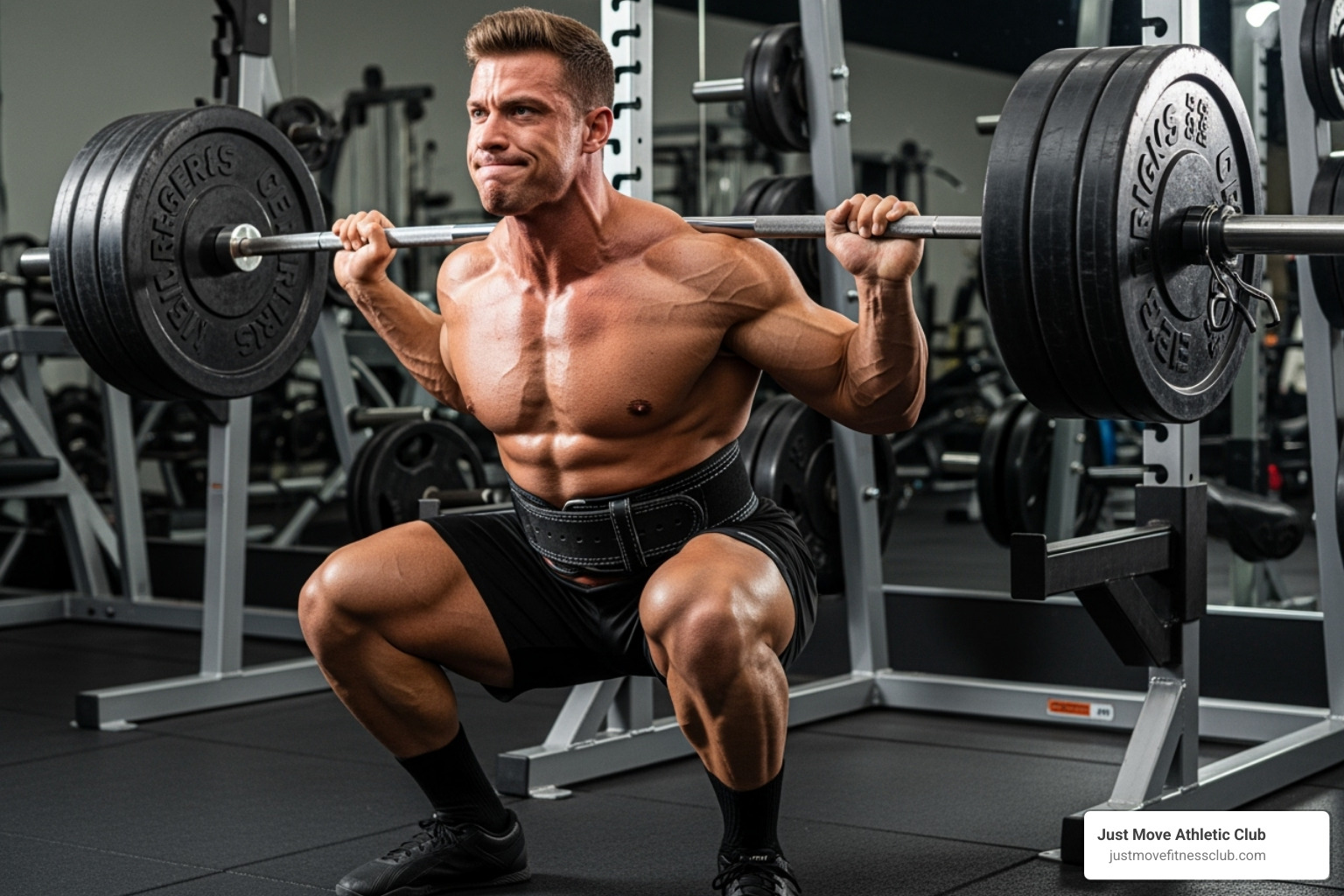 lifter wearing a lifting belt during a squat - bodybuilding leg day workout