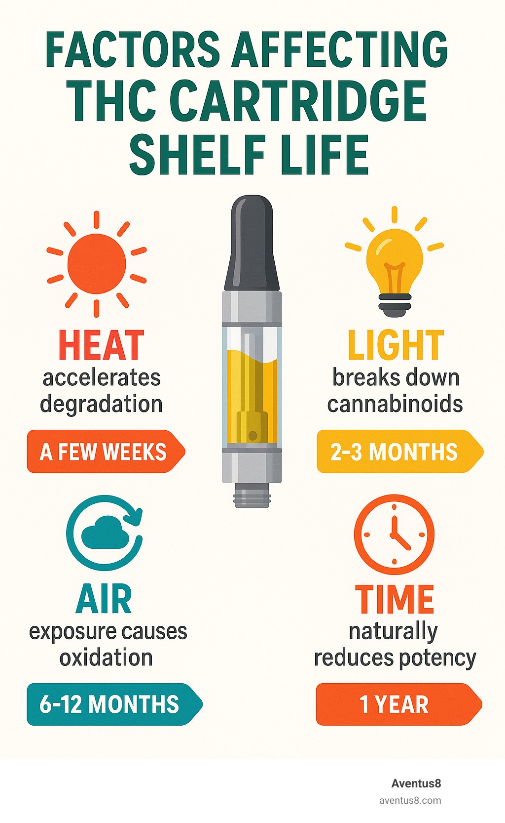 Infographic showing key factors affecting THC cartridge shelf life: Heat exposure accelerates degradation, Light breaks down cannabinoids, Air exposure causes oxidation, and Time naturally reduces potency - with specific timelines for each storage condition - what is the shelf life of thc vape cartridges infographic 