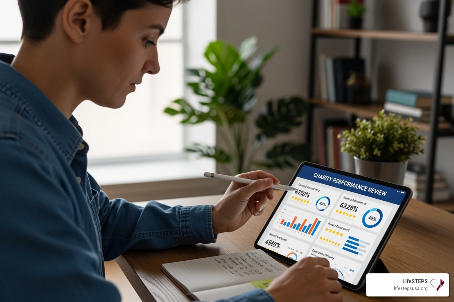 person researching a charity on a tablet, showing charts and ratings - california nonprofit resources