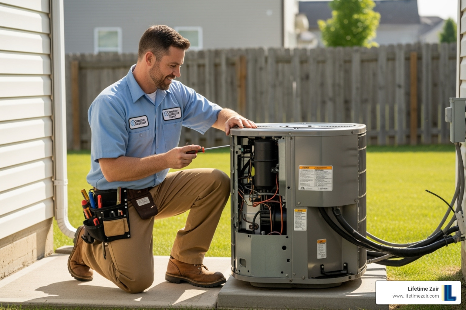a friendly, professional HVAC technician working on an outdoor unit - AC not cooling a friendly, professional HVAC technician working on an outdoor unit - AC not cooling