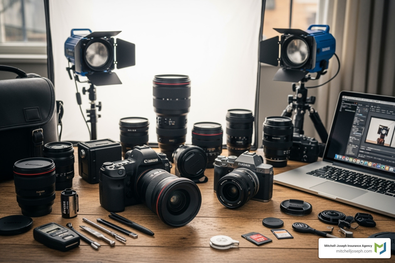 various types of photography equipment laid out, including a DSLR, mirrorless camera, lenses, lighting, and a laptop - camera insurance various types of photography equipment laid out, including a DSLR, mirrorless camera, lenses, lighting, and a laptop - camera insurance