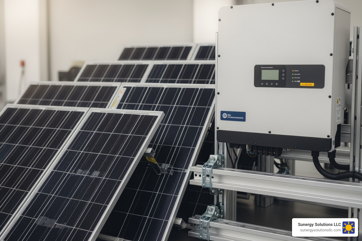 Various commercial solar system components: Tier 1 solar panels, a commercial-grade inverter, and sturdy mounting racks - commercial solar system design Various commercial solar system components: Tier 1 solar panels, a commercial-grade inverter, and sturdy mounting racks - commercial solar system design