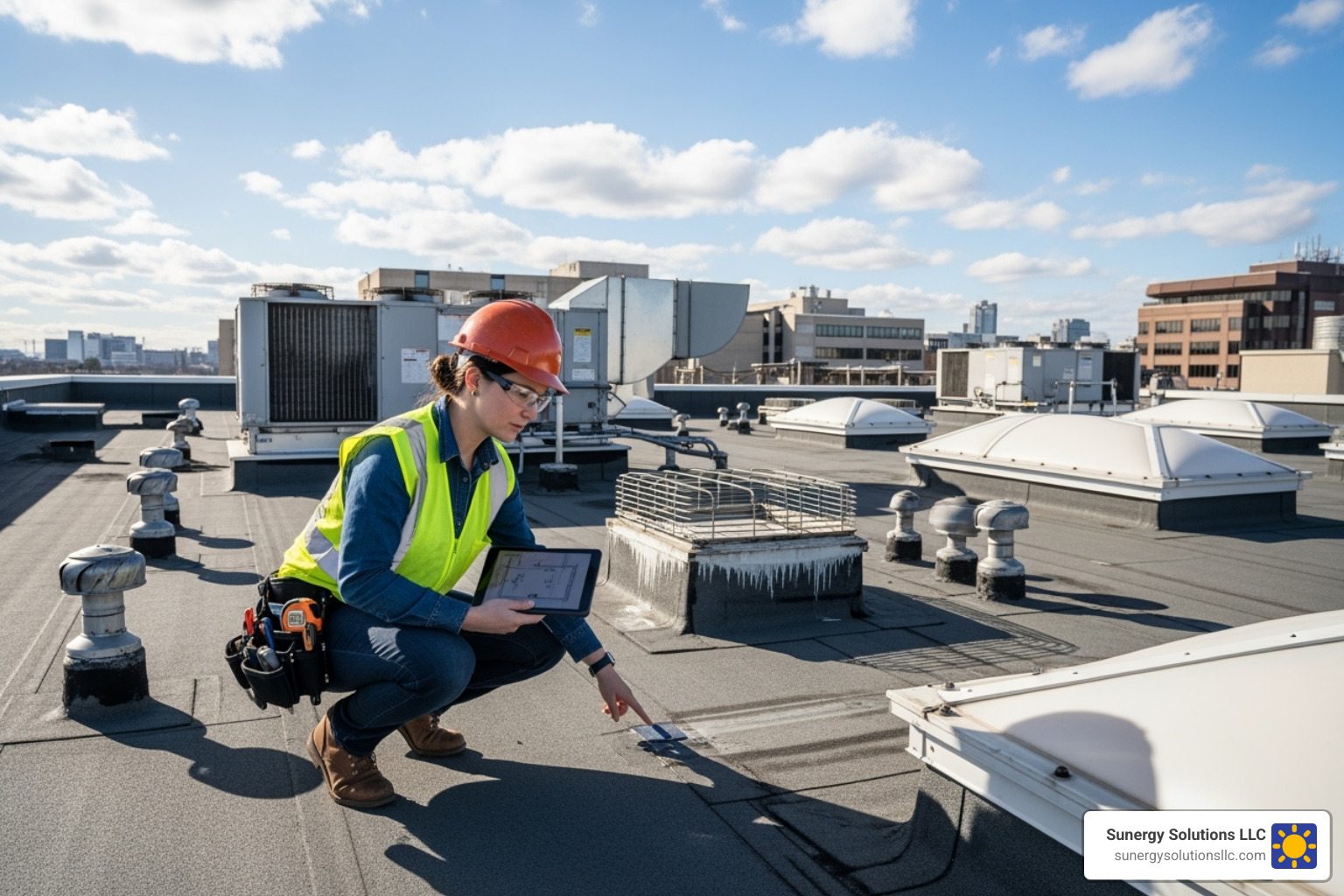 An engineer conducts a site assessment on a commercial rooftop in the US - commercial solar system design An engineer conducts a site assessment on a commercial rooftop in the US - commercial solar system design