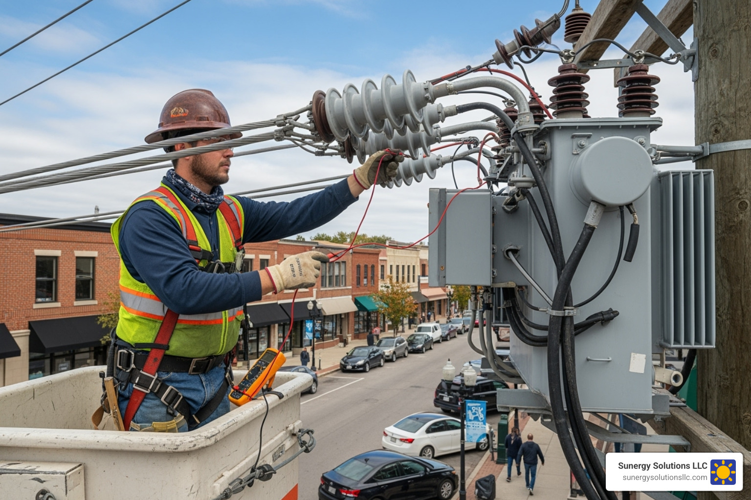 A utility worker inspects an electrical grid connection point in a US commercial district - commercial solar system design A utility worker inspects an electrical grid connection point in a US commercial district - commercial solar system design