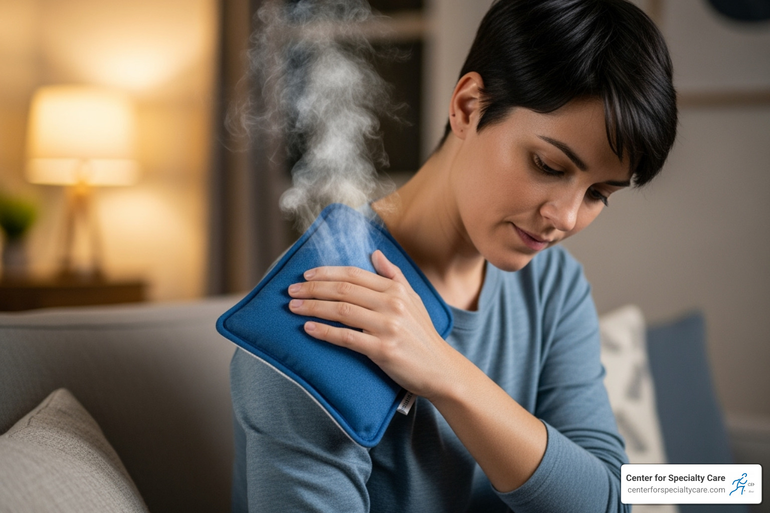 A person using a moist heating pad on their shoulder - ice or heat for strained tendon