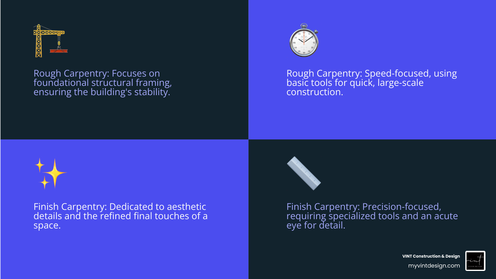 Infographic showing the key differences between rough carpentry (structural framing, speed-focused, basic tools, foundational work) and finish carpentry (aesthetic details, precision-focused, specialized tools, final touches) - finish carpentry services infographic 4_facts_emoji_blue