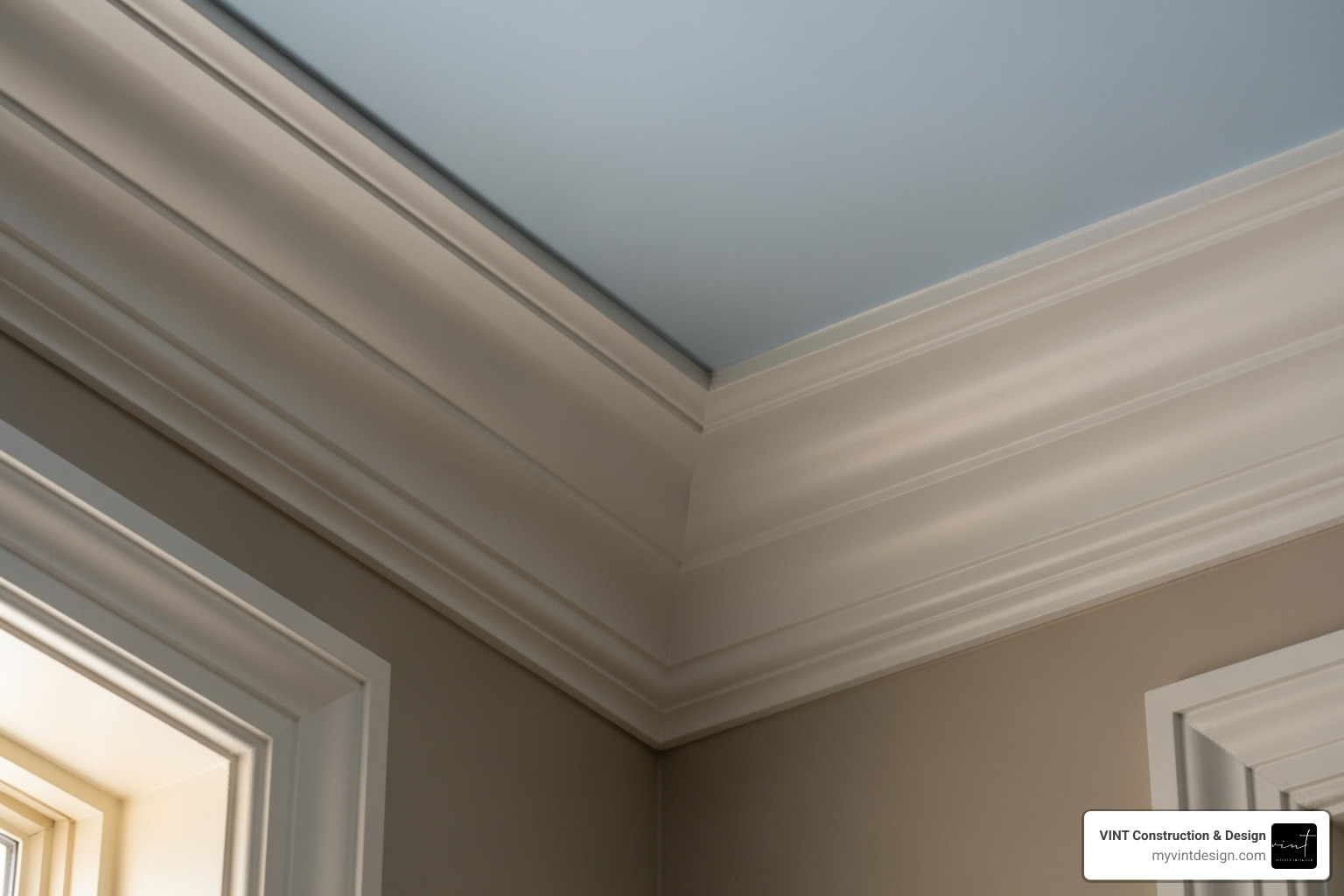 Intricate crown molding meeting at a corner, showcasing precise cuts and seamless joints - finish carpentry services