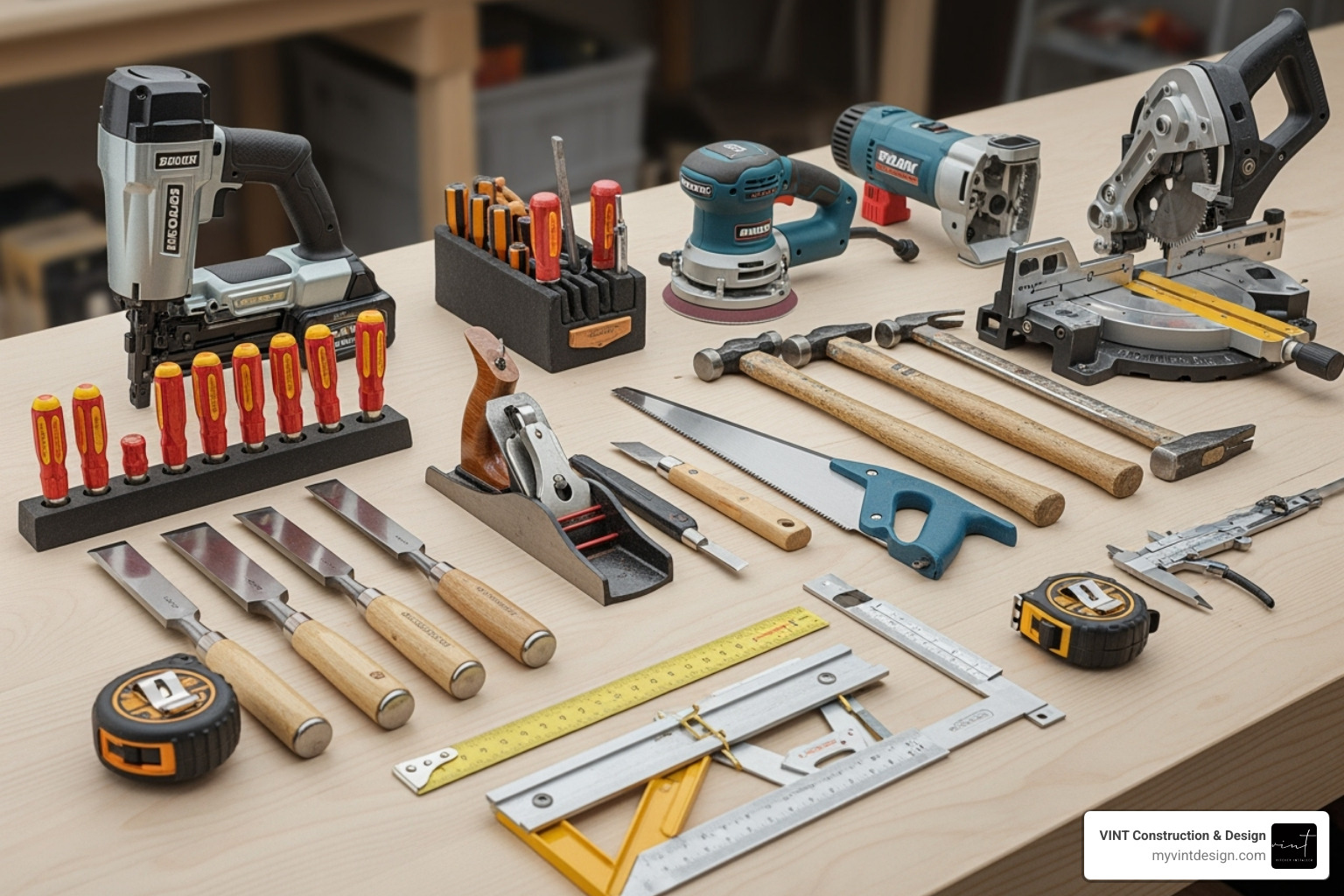 A finish carpenter's toolkit laid out neatly, showing various hand tools, power tools, and measuring instruments - finish carpentry services