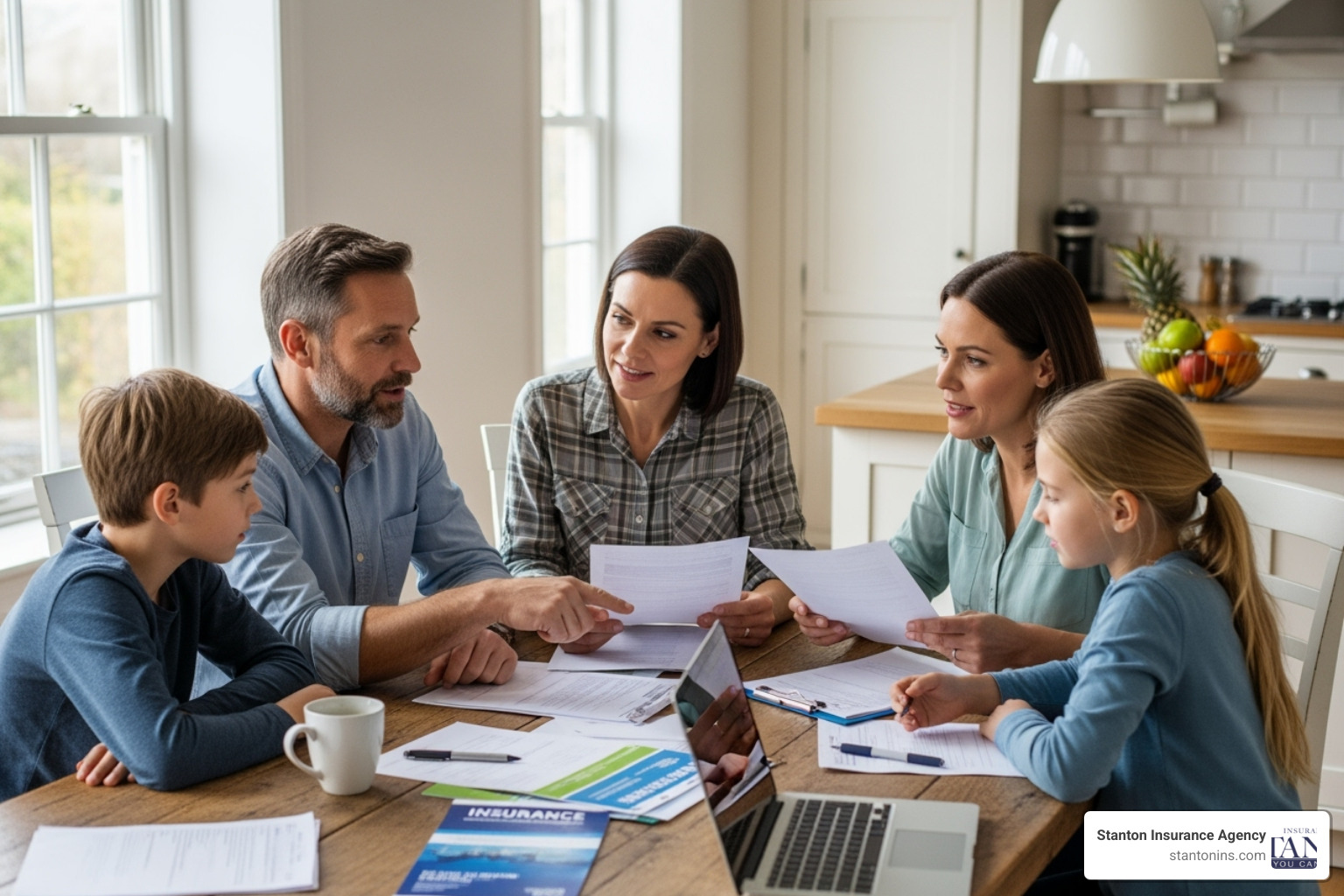 a family discussing insurance options at a kitchen table - difference between stacked and unstacked insurance a family discussing insurance options at a kitchen table - difference between stacked and unstacked insurance