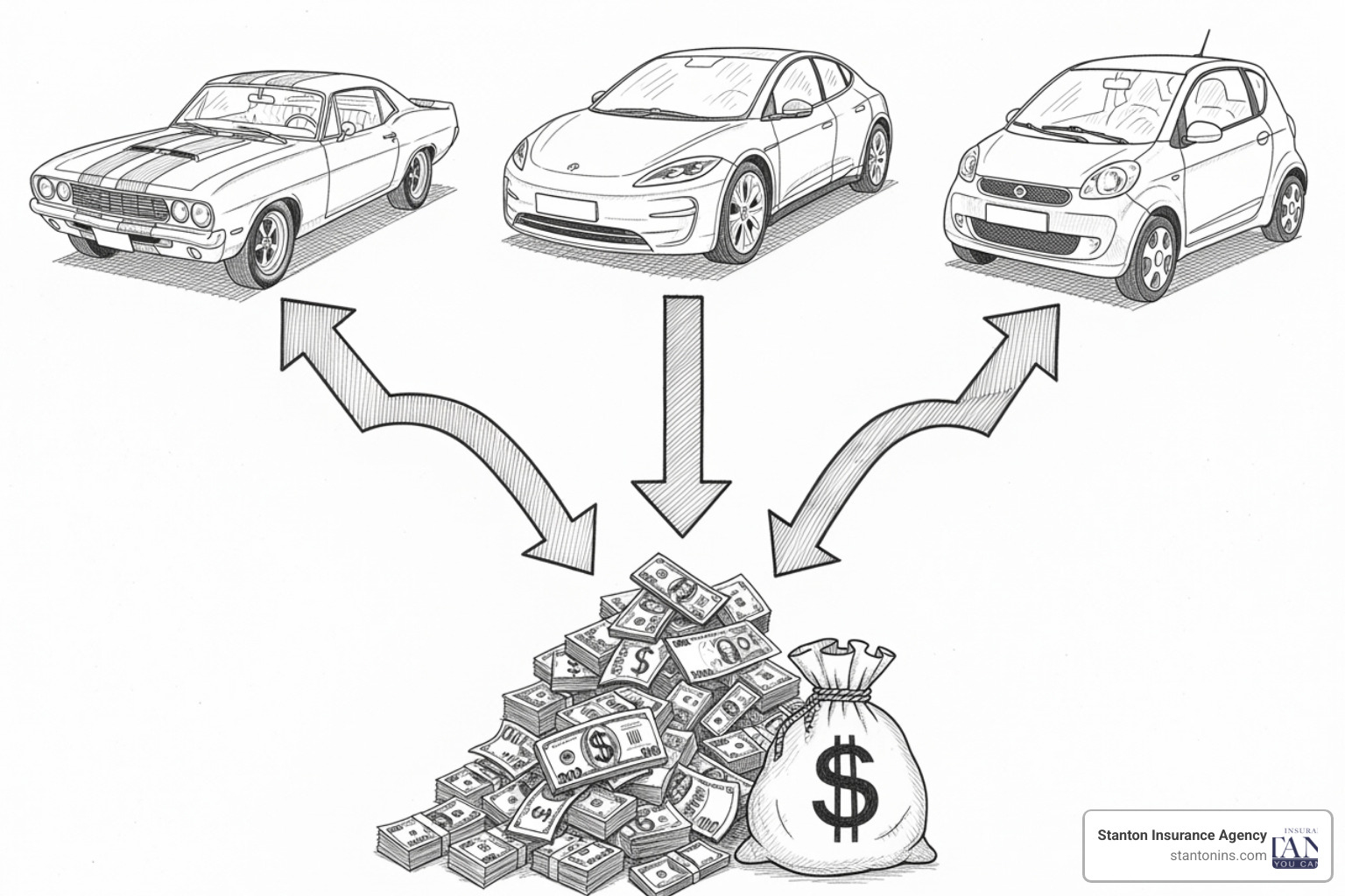illustrating the concept of vertical stacking, with arrows from three separate cars on one policy document pointing to a single, larger pool of money. - difference between stacked and unstacked insurance illustrating the concept of vertical stacking, with arrows from three separate cars on one policy document pointing to a single, larger pool of money. - difference between stacked and unstacked insurance