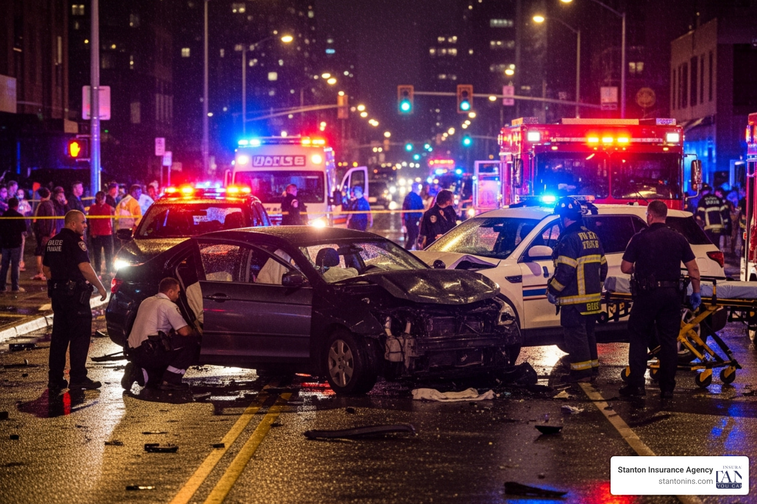 a car accident scene with emergency services present, highlighting the uncertainty of the situation. - difference between stacked and unstacked insurance a car accident scene with emergency services present, highlighting the uncertainty of the situation. - difference between stacked and unstacked insurance