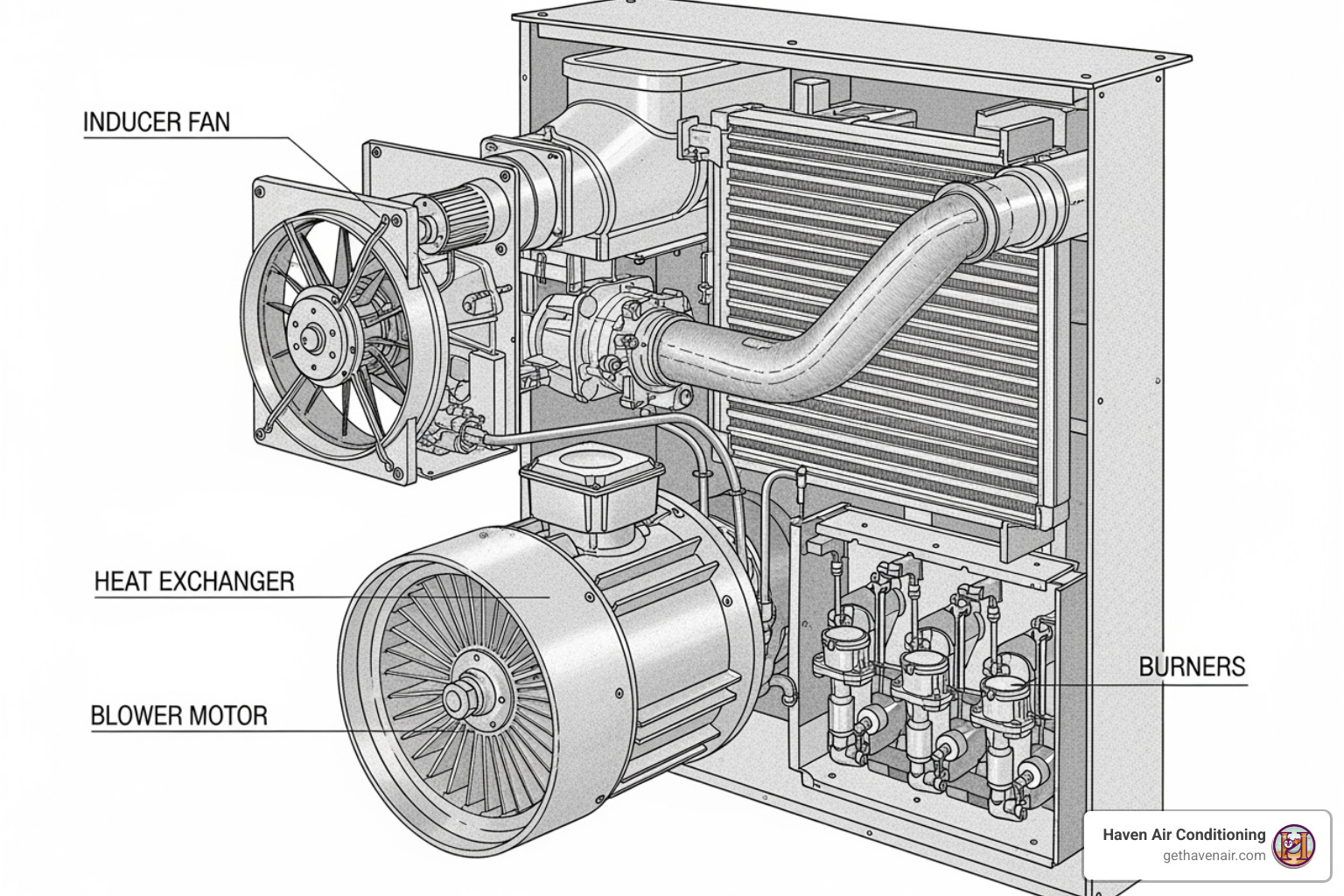 annotated diagram of a gas furnace's internal components - heater making loud noise
