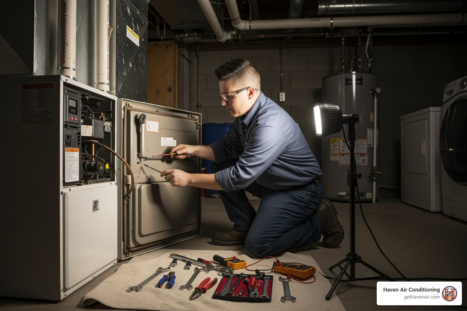 technician performing furnace maintenance - heater making loud noise