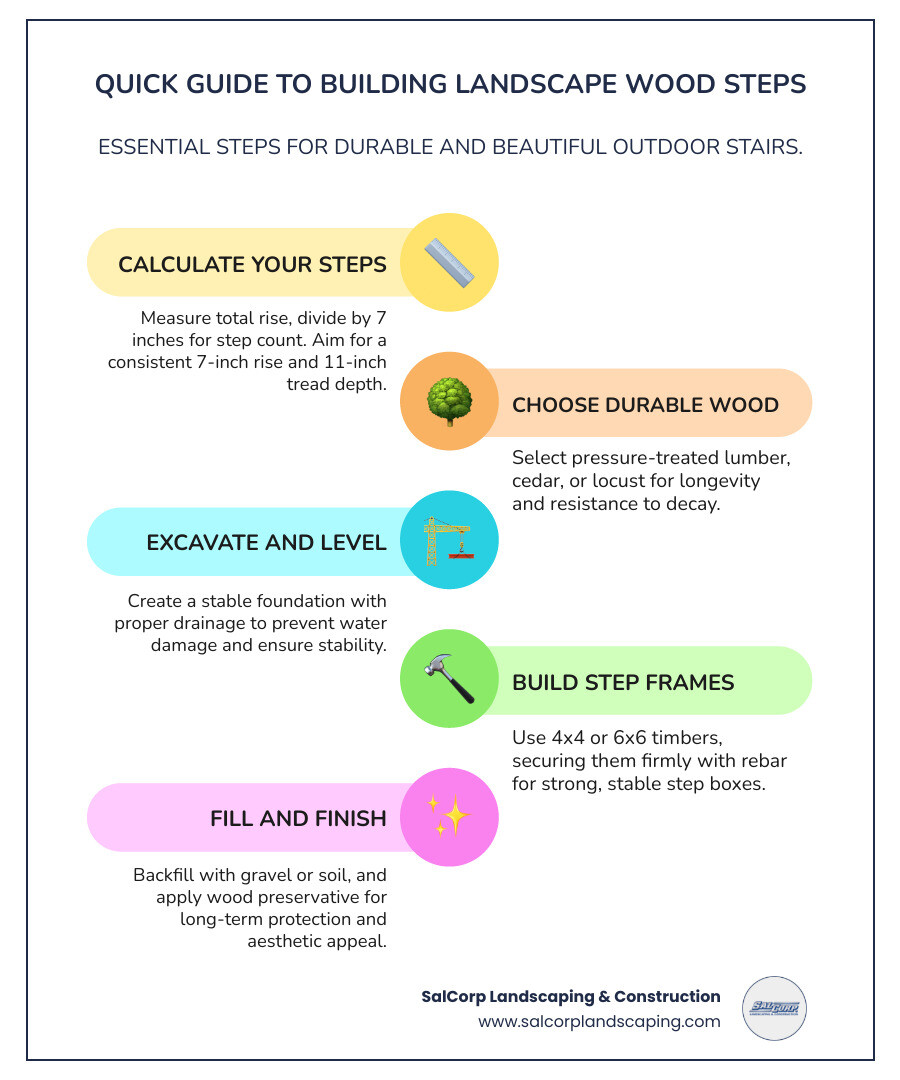 Infographic showing step calculation formula: Total Rise ÷ 7 inches = Number of Steps, with diagram of proper step dimensions including 7-inch rise, 11-inch tread depth, and rebar placement for securing timber frames to ground - landscape wood steps infographic infographic-line-5-steps-colors