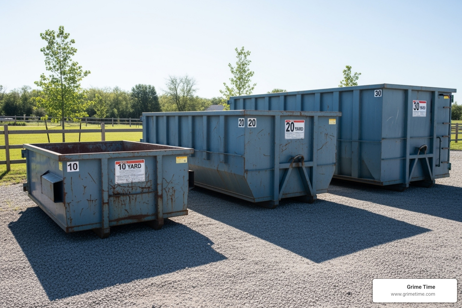 different sized dumpsters (10, 20, 30-yard) lined up in a clean, organized yard - austin dumpster rental prices