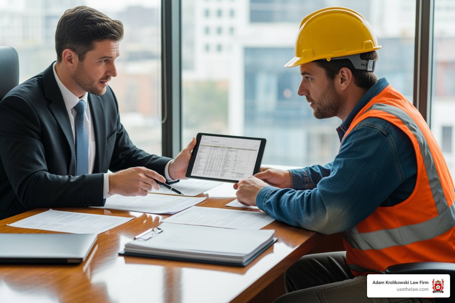 Image of a lawyer consulting with a construction worker - Trench collapse attorney