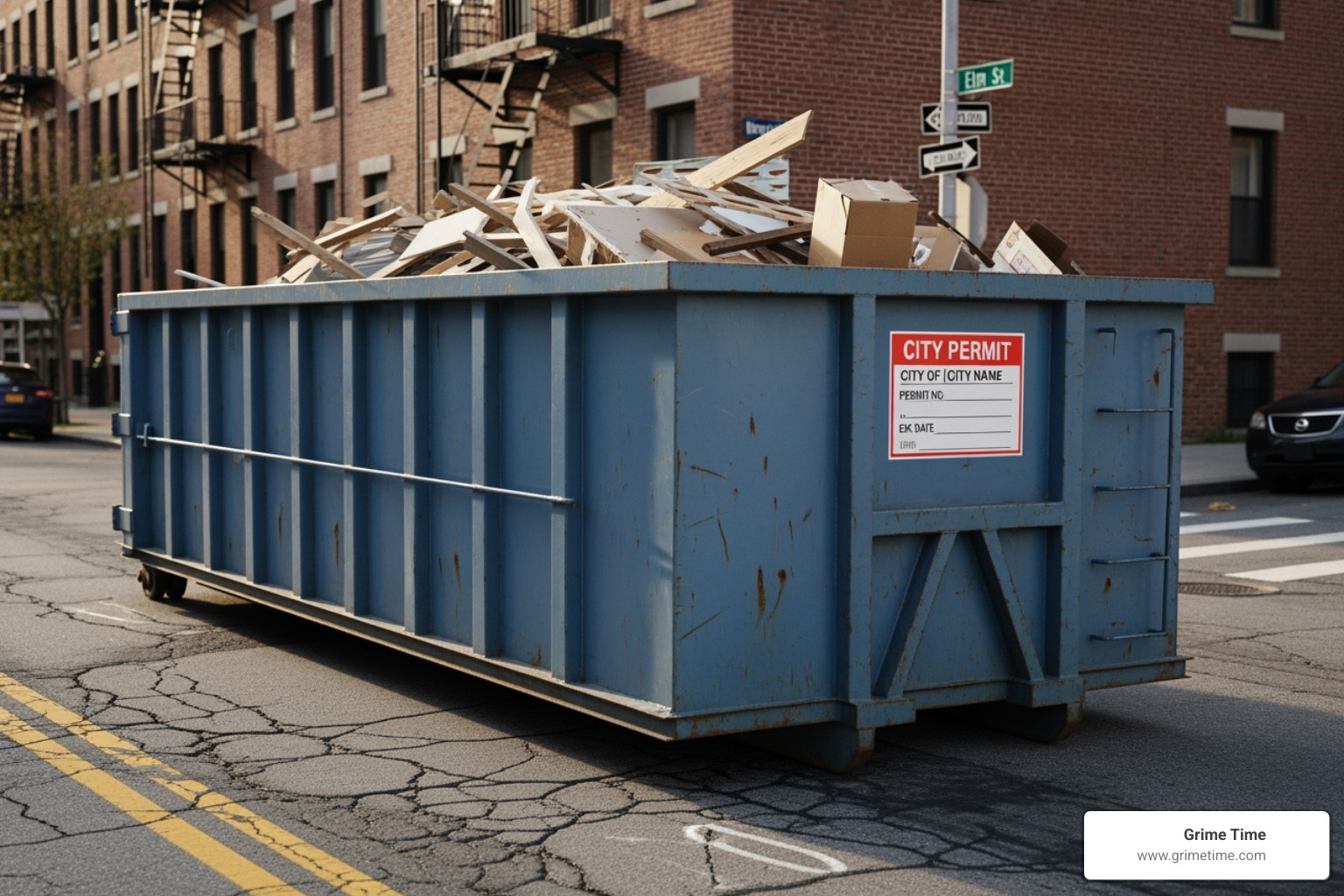 a dumpster placed on a street with a visible city permit attached - austin dumpster rental prices