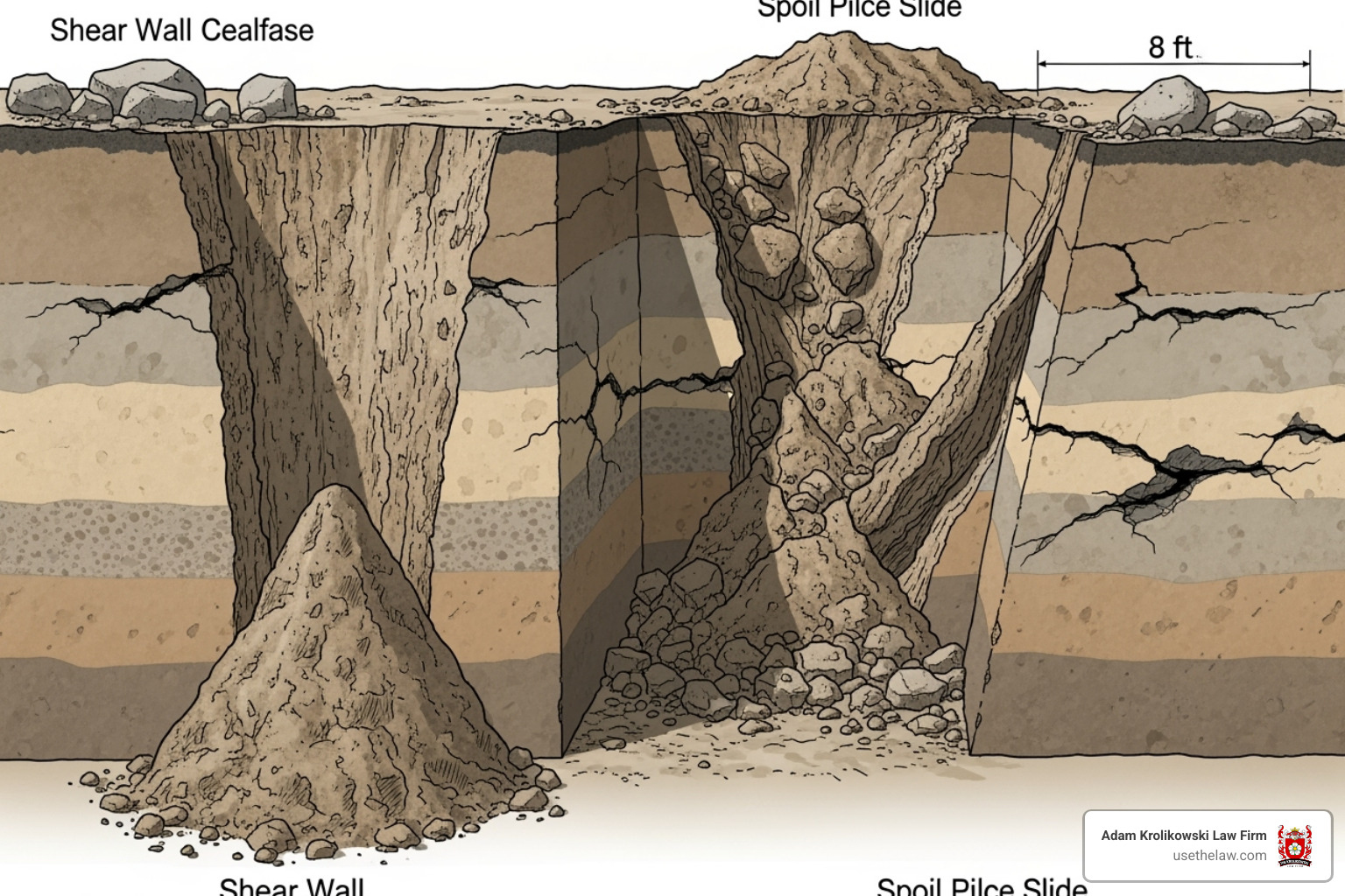 Image illustrating the different types of trench collapses (e.g., shear wall, spoil pile slide) - Trench collapse attorney