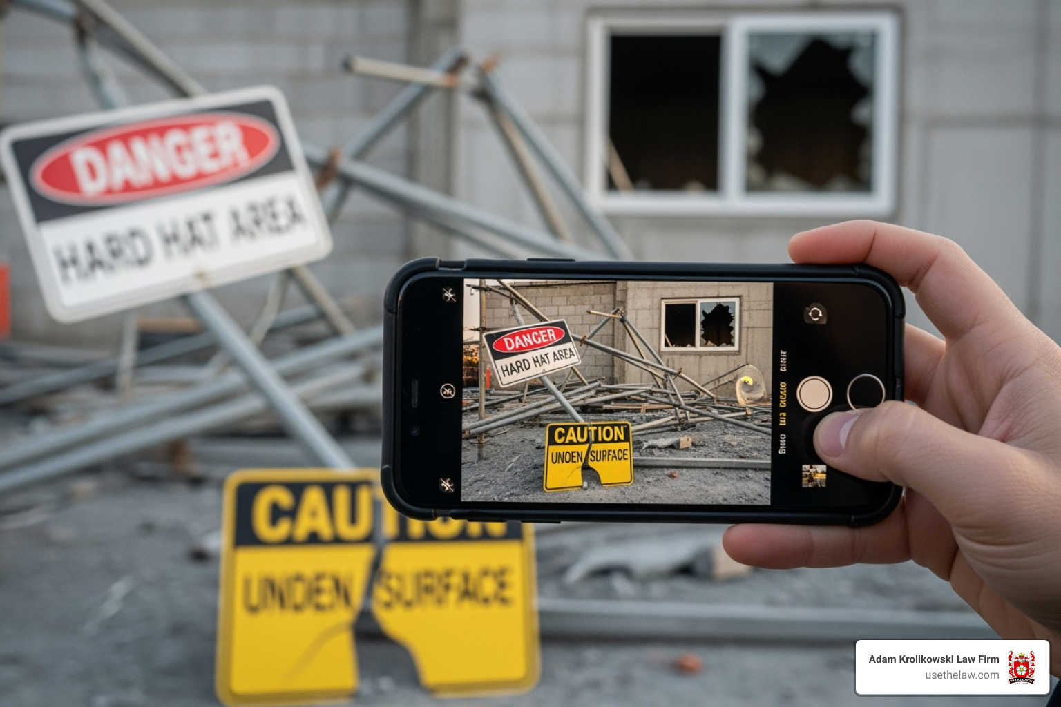 Image of a smartphone taking a photo of an accident scene for documentation - Trench collapse attorney