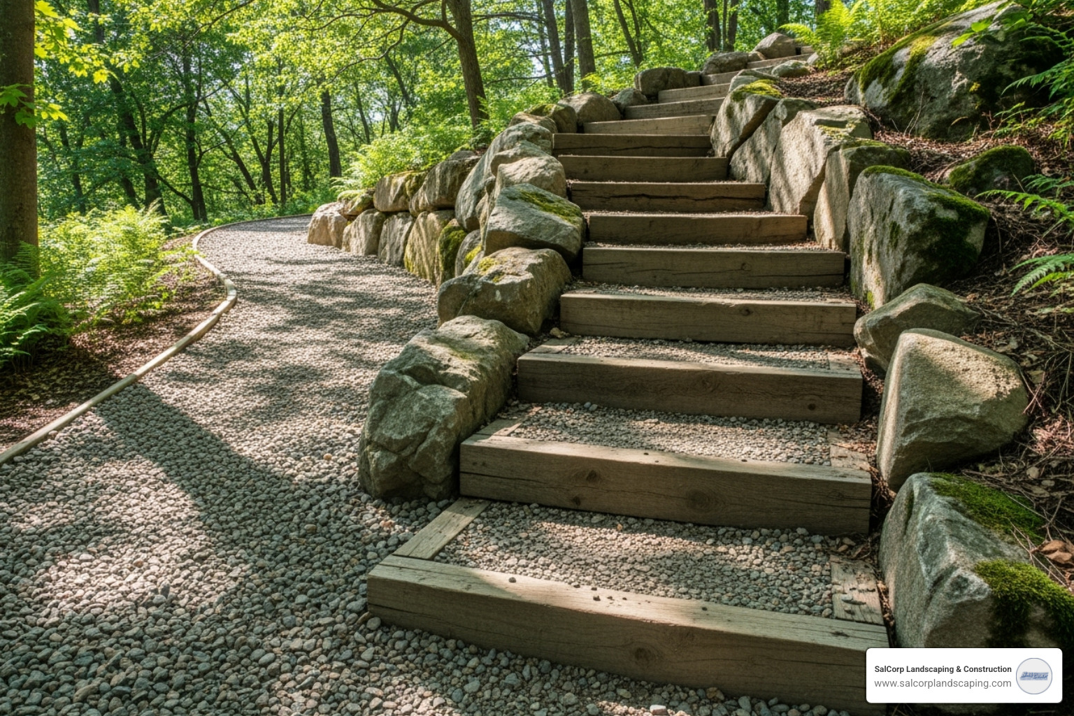 rustic timber steps combined with large boulders and a gravel path - landscape wood steps