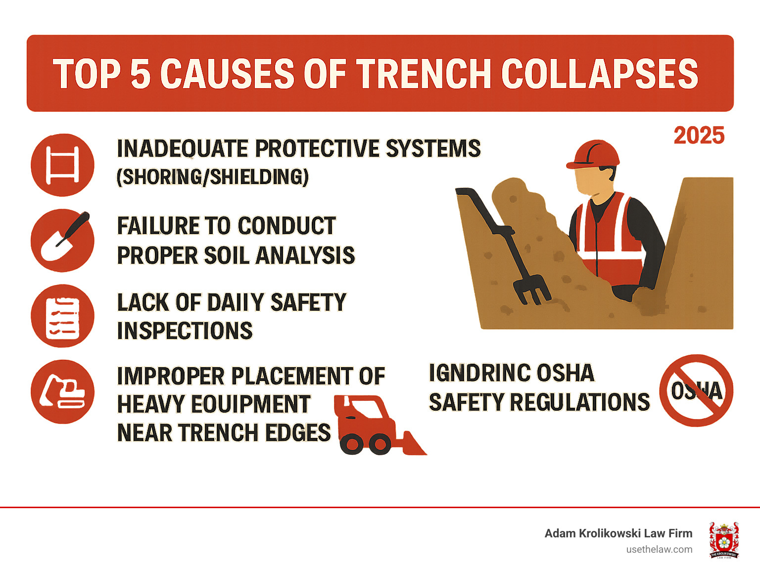 Infographic showing the top 5 causes of trench collapses: inadequate protective systems (shoring/shielding), failure to conduct proper soil analysis, lack of daily safety inspections, improper placement of heavy equipment near trench edges, and ignoring OSHA safety regulations - Trench collapse attorney infographic 