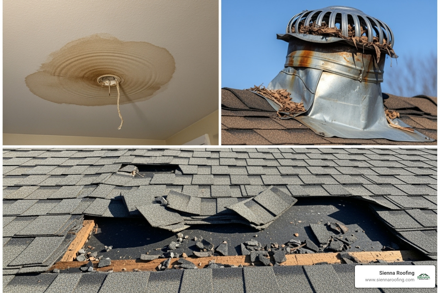 Collage showing different types of roof damage: a roof leak stain on a ceiling, damaged flashing, and missing shingles - free estimate for roof repair