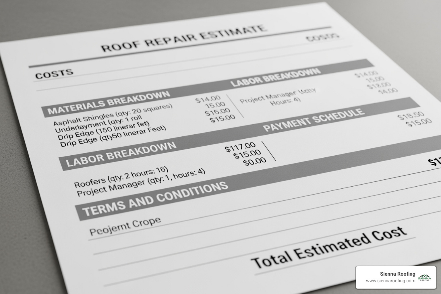 Detailed roof estimate document with sections highlighted, showing costs, materials, and labor breakdown - free estimate for roof repair