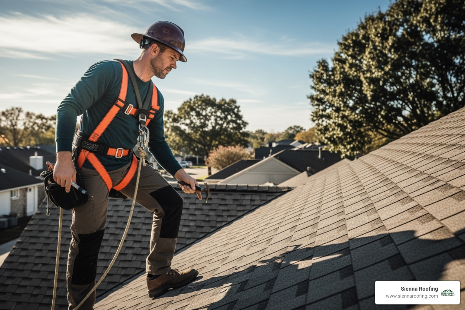 Professional roofer wearing an OSHA-approved safety harness inspecting a roof - free estimate for roof repair