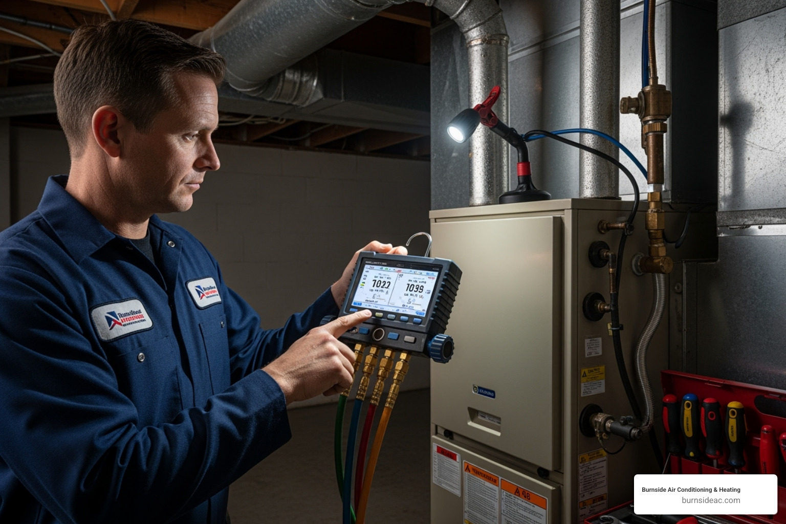 Technician with digital manifold gauge - Furnace installation checklist