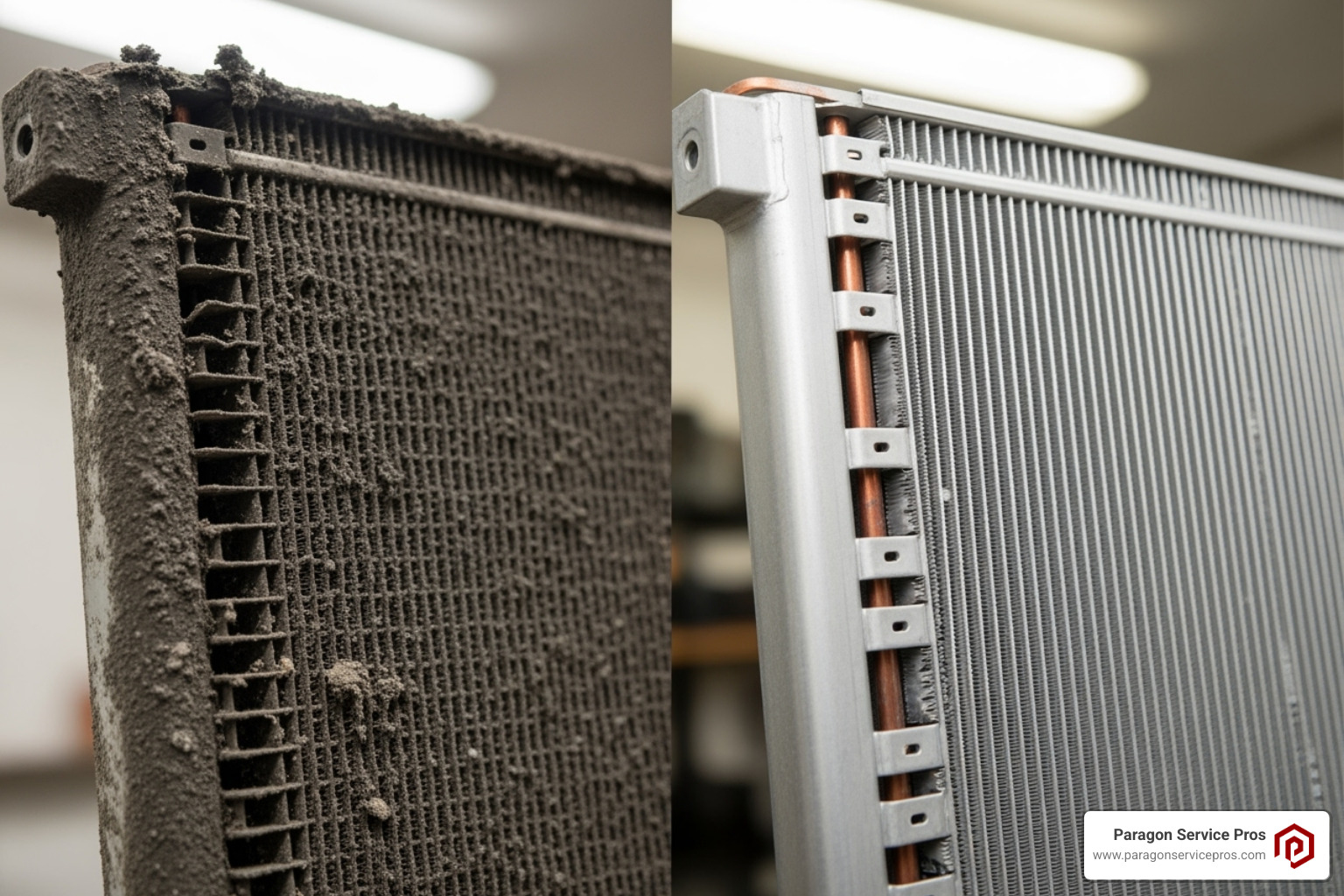Dirty vs. clean AC coil - AC coil cleaning Dirty vs. clean AC coil - AC coil cleaning