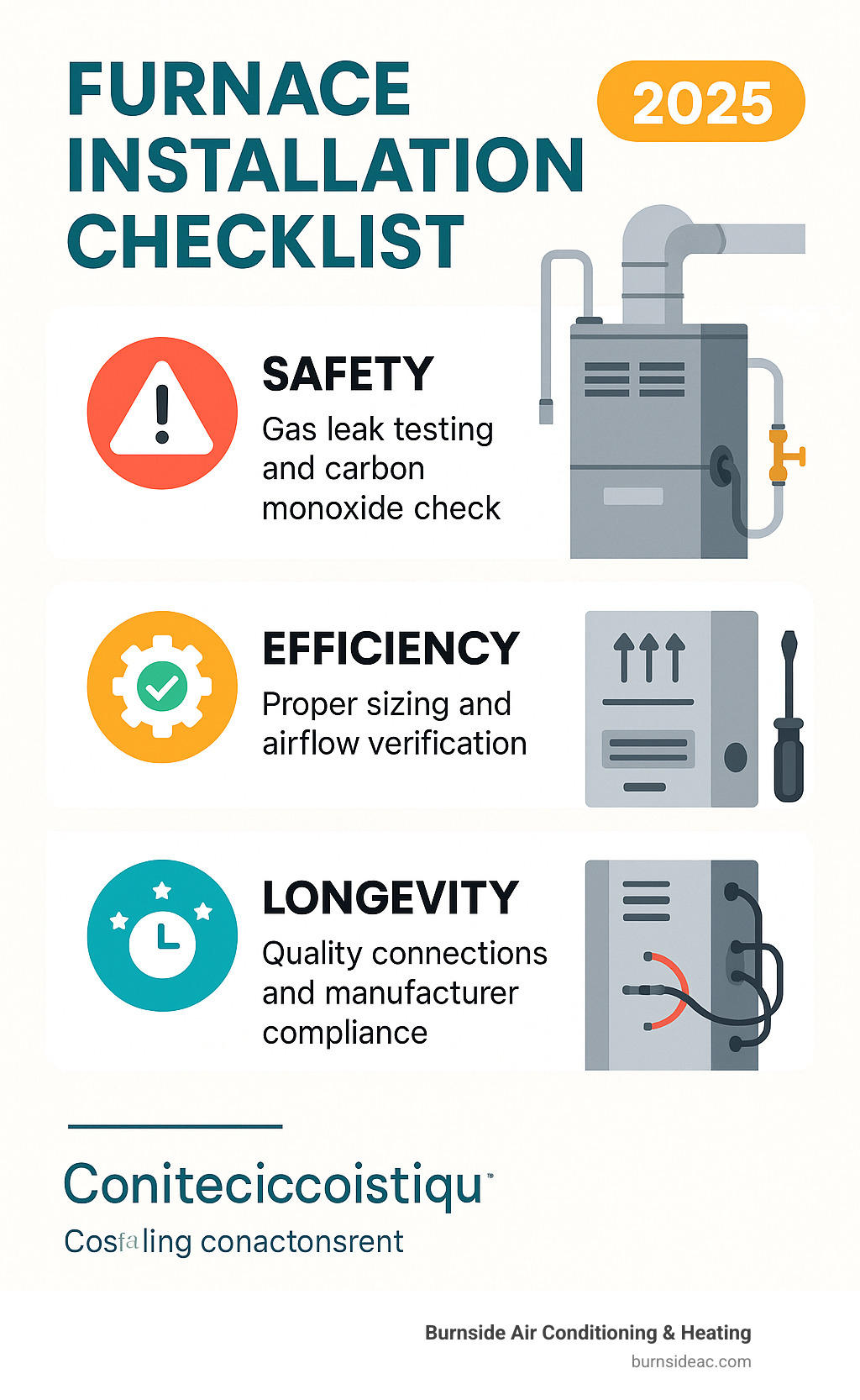 Infographic showing three key benefits of proper furnace installation: Safety through gas leak testing and carbon monoxide checks, Efficiency through proper sizing and airflow verification, and Longevity through quality connections and manufacturer compliance - Furnace installation checklist infographic 