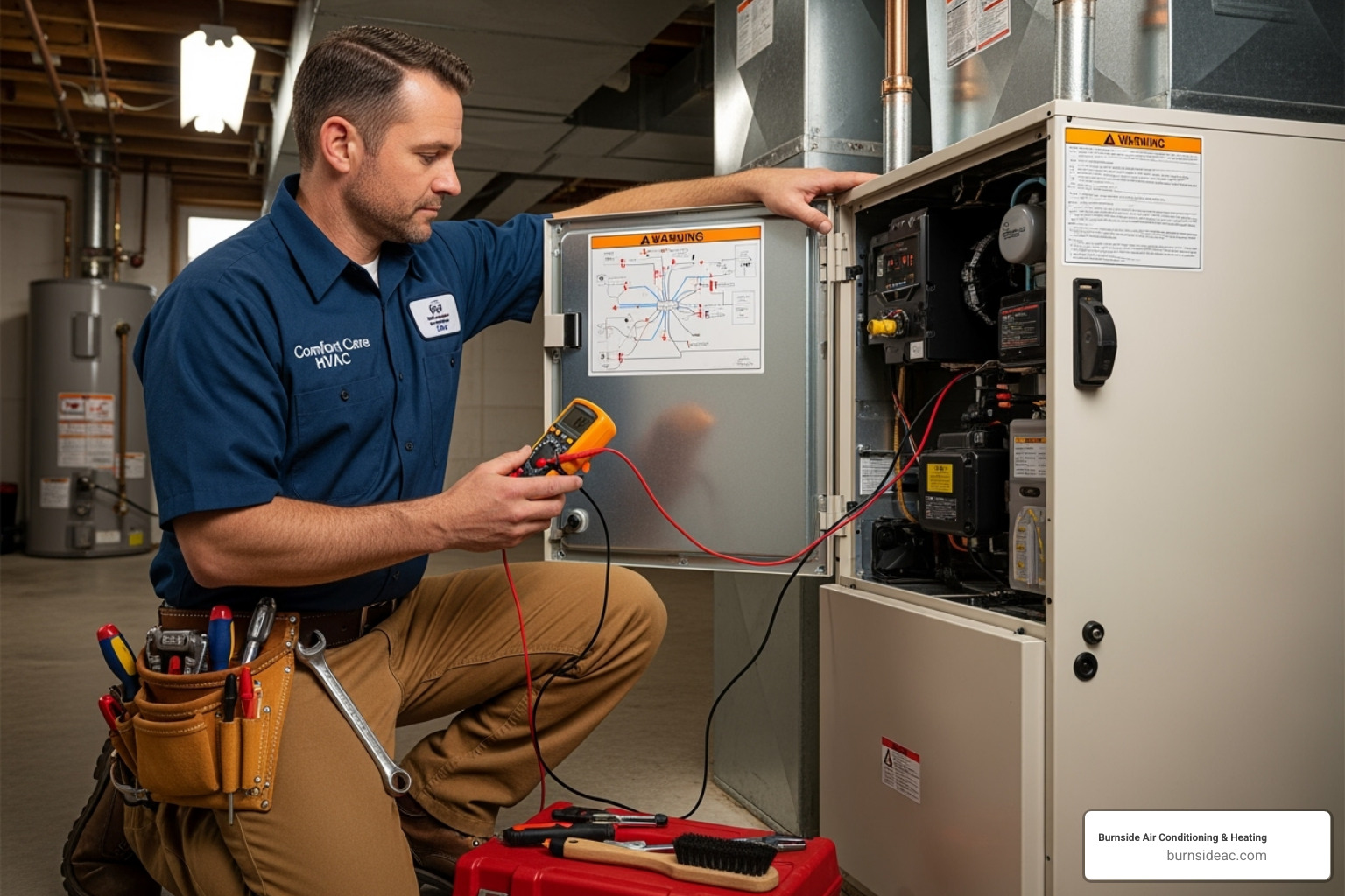 An HVAC technician performing a heating tune-up on an indoor furnace unit - Best heating solution