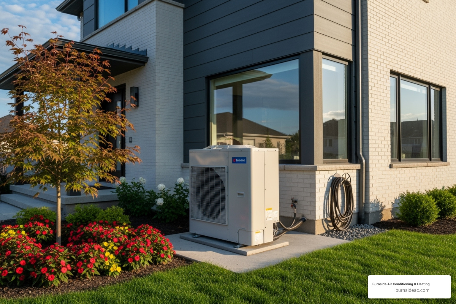 An outdoor heat pump unit next to a house with some landscaping - Best heating solution