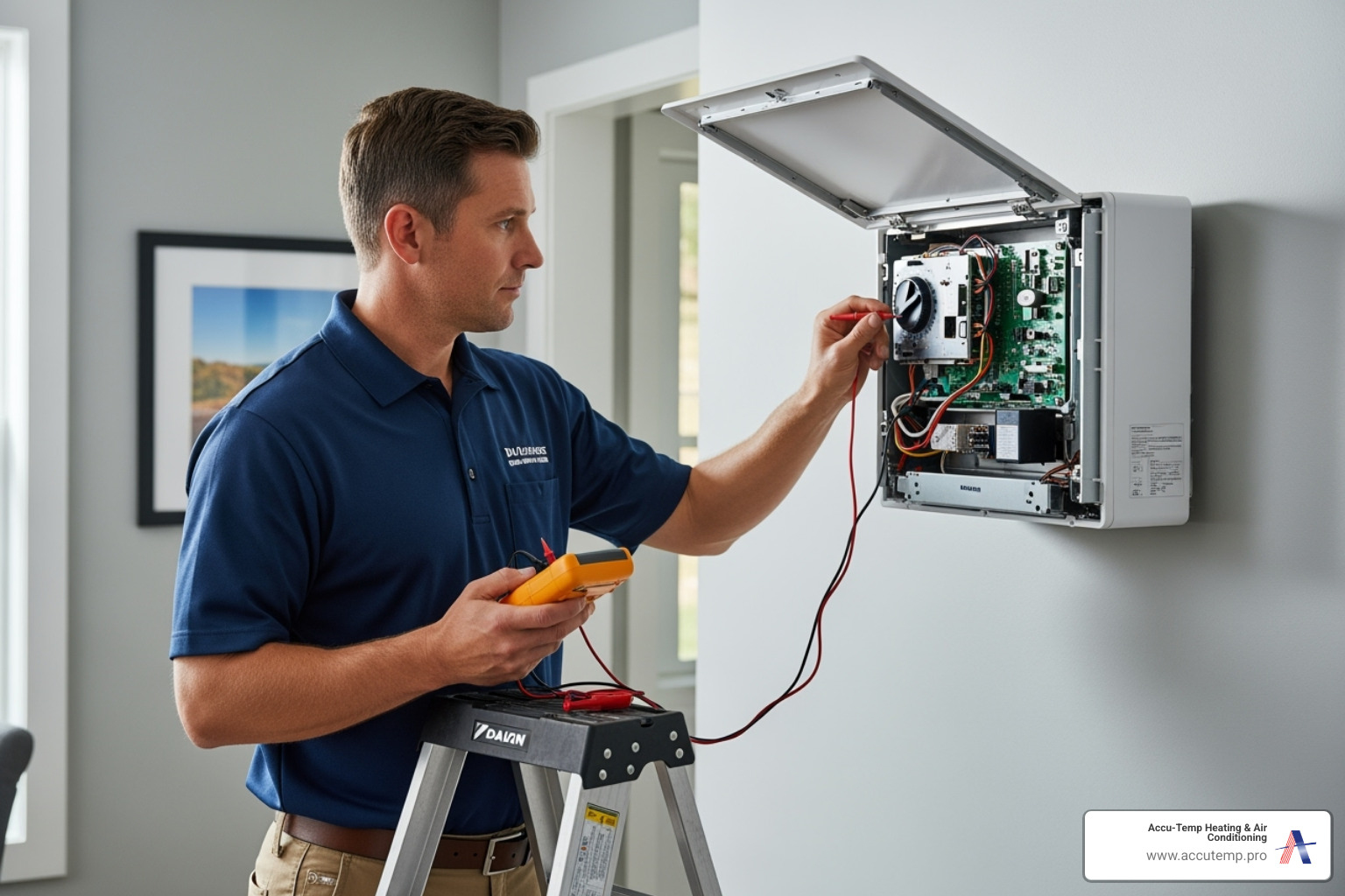 Technician inspecting a mini split unit - mini split maintenance Technician inspecting a mini split unit - mini split maintenance