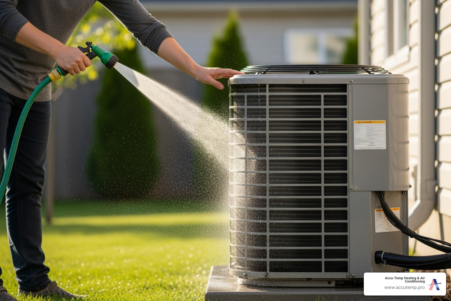 Gently spraying an outdoor condenser unit with a hose - mini split maintenance Gently spraying an outdoor condenser unit with a hose - mini split maintenance