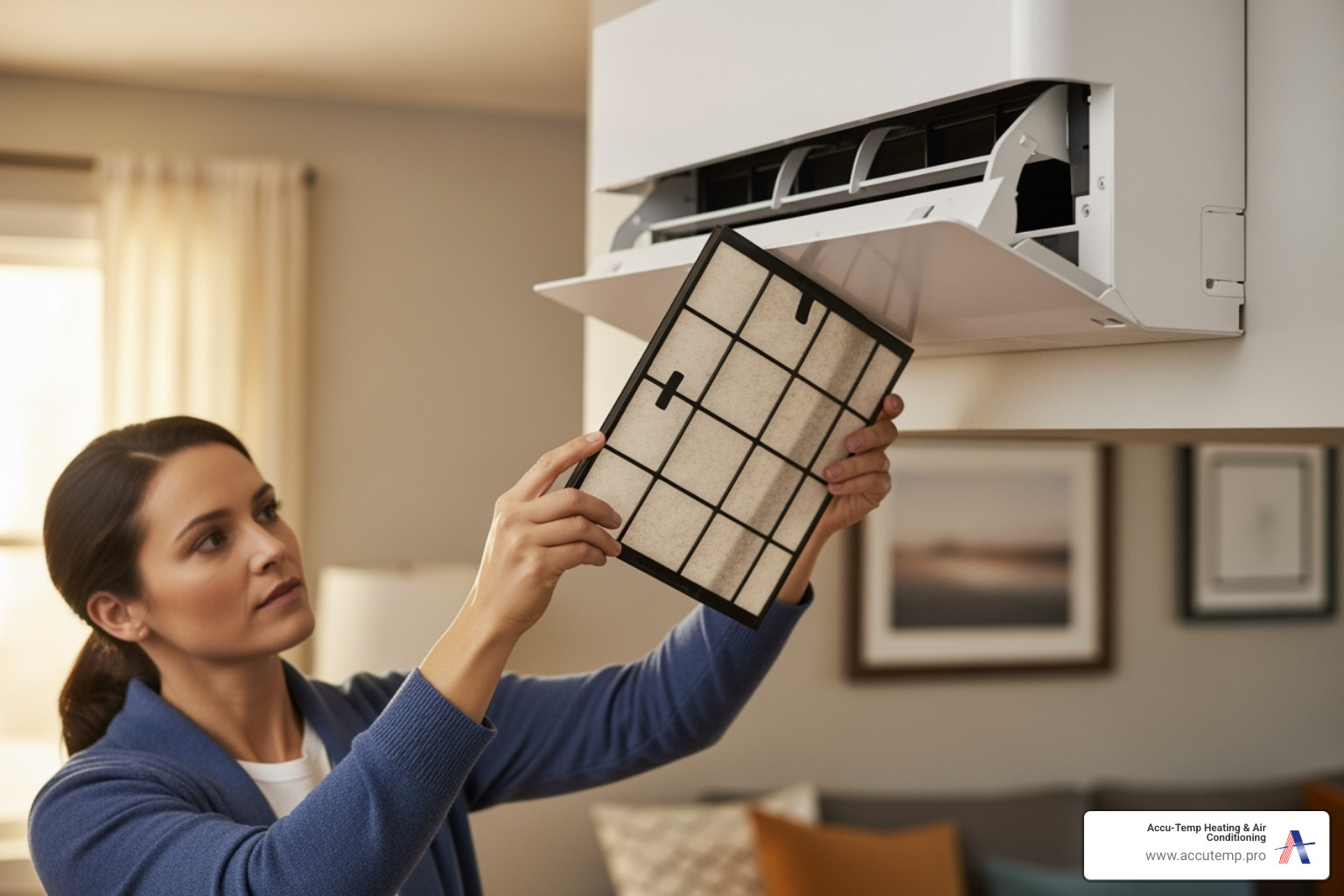 Homeowner easily accessing the indoor unit's filter - mini split maintenance Homeowner easily accessing the indoor unit's filter - mini split maintenance