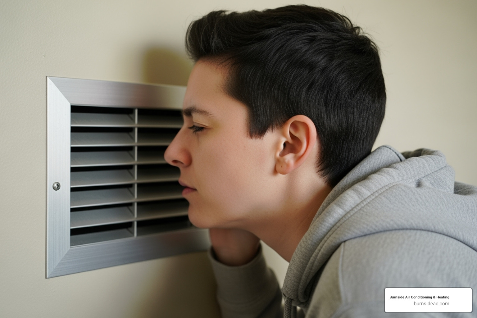 a person listening to a noisy air vent - heating and air repair near me