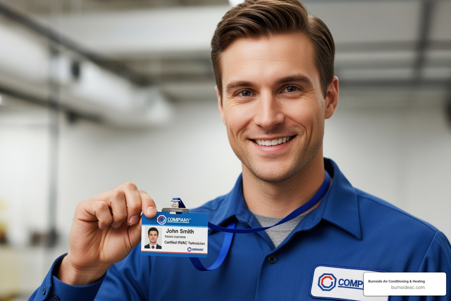 a certified technician smiling and showing their ID badge - heating and air repair near me
