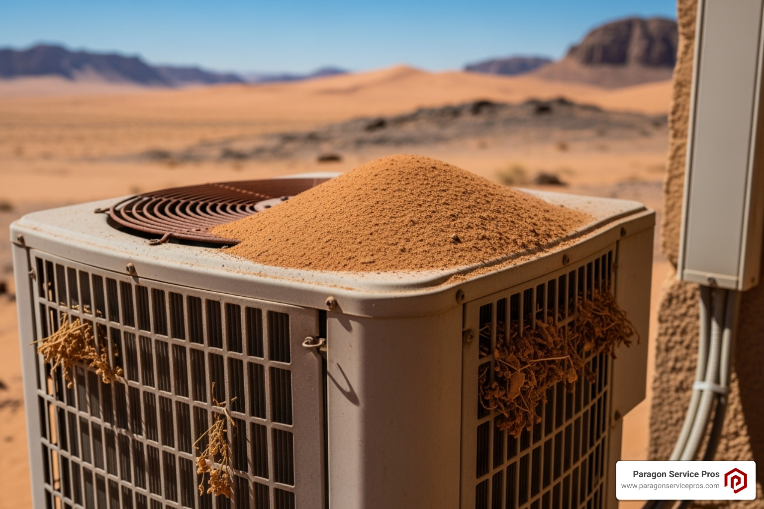 A dusty outdoor AC unit in a desert landscape - Central AC repair Chandler A dusty outdoor AC unit in a desert landscape - Central AC repair Chandler