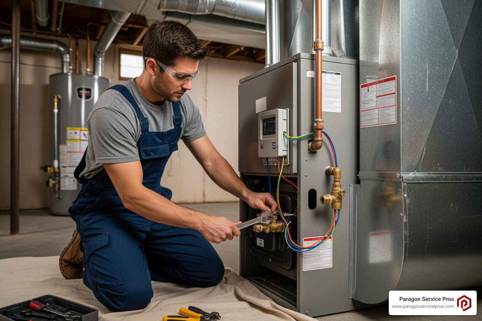 A professional HVAC technician is carefully installing a new furnace unit, ensuring all connections are secure and the system is properly aligned. - Heating system upgrade A professional HVAC technician is carefully installing a new furnace unit, ensuring all connections are secure and the system is properly aligned. - Heating system upgrade