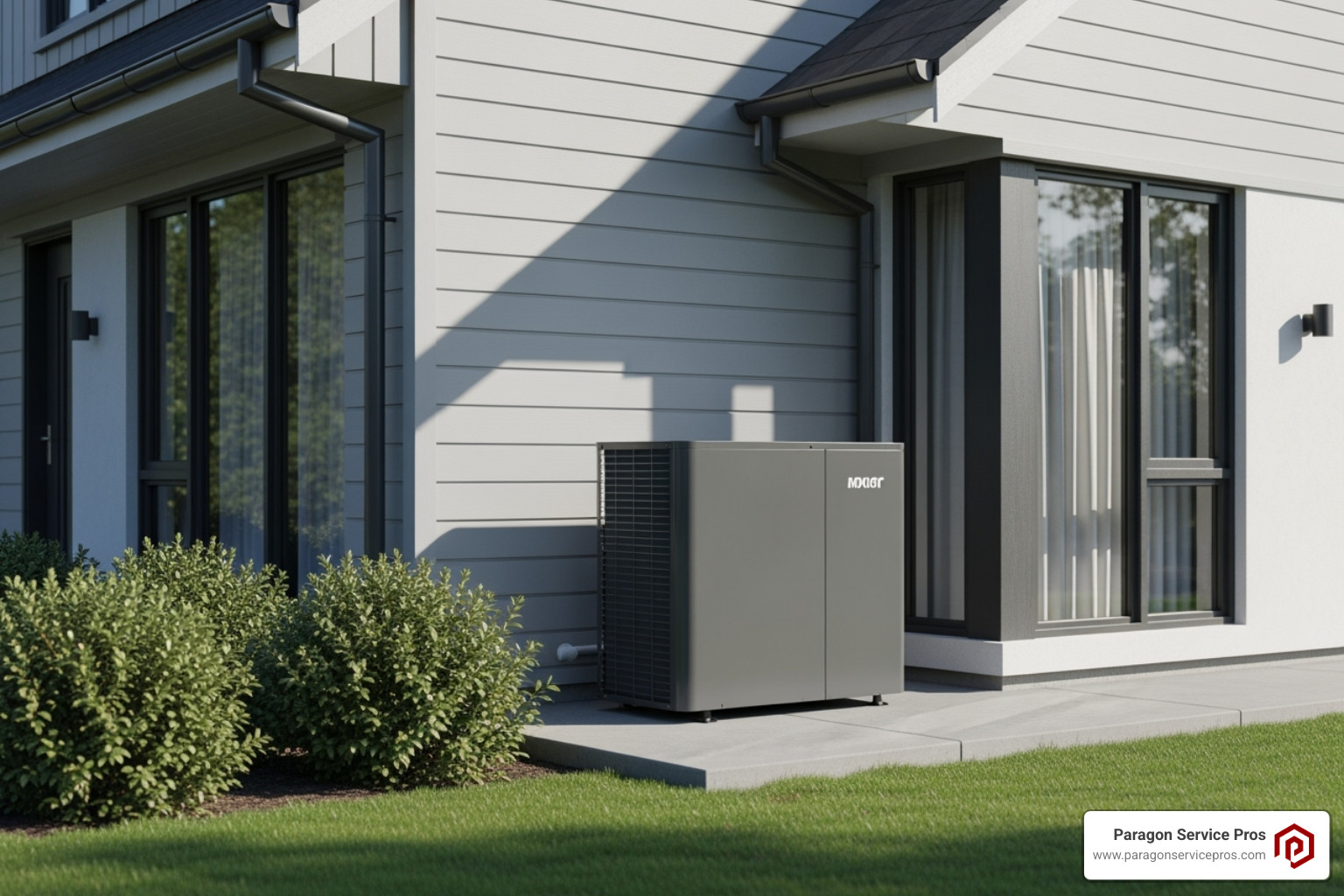 An outdoor heat pump unit, compact and modern, placed beside a residential house, blending with the exterior. - Heating system upgrade An outdoor heat pump unit, compact and modern, placed beside a residential house, blending with the exterior. - Heating system upgrade