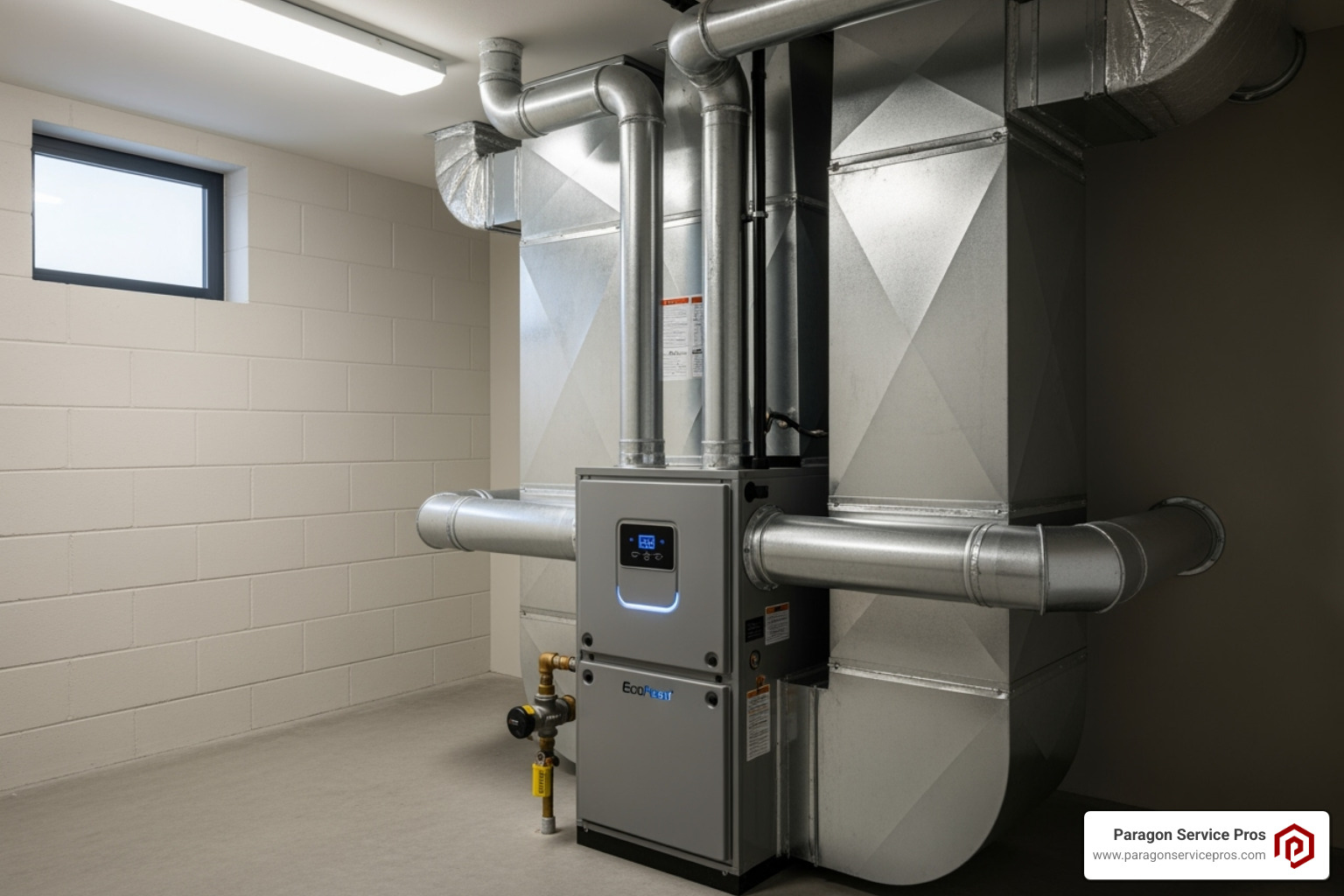 A modern, high-efficiency furnace unit with clean lines and visible ductwork connections, indicating a central heating system. - Heating system upgrade A modern, high-efficiency furnace unit with clean lines and visible ductwork connections, indicating a central heating system. - Heating system upgrade